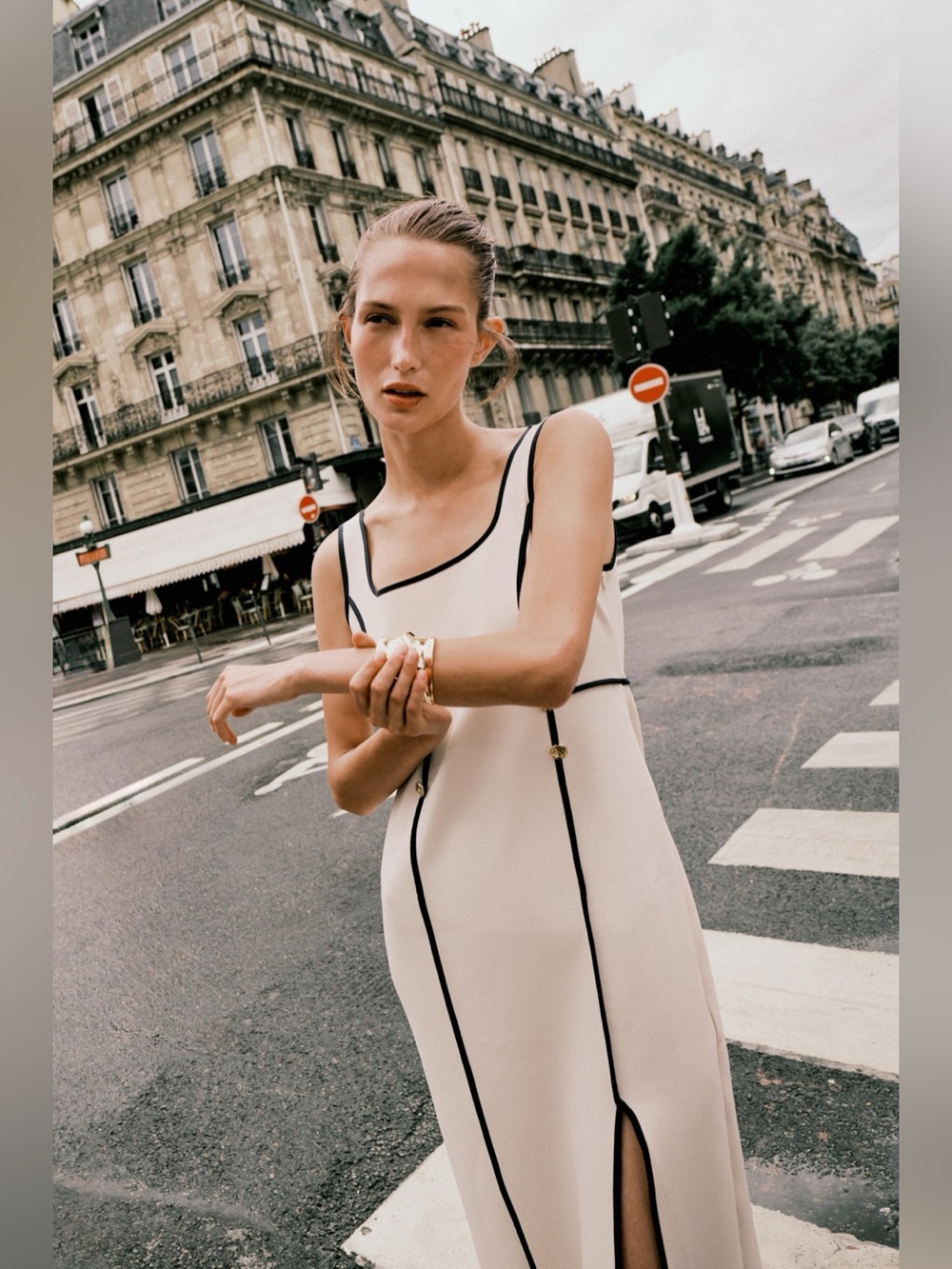 Zara Navy Blue & Cream Contrast Trim Midi Dress Size L - Picture 2 of 12